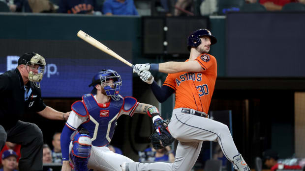 Oct 20, 2023; Arlington, Texas, USA; Houston Astros right fielder Kyle Tucker (30) singles during the fifth inning of game five in the ALCS against the Texas Rangers for the 2023 MLB playoffs at Globe Life Field.